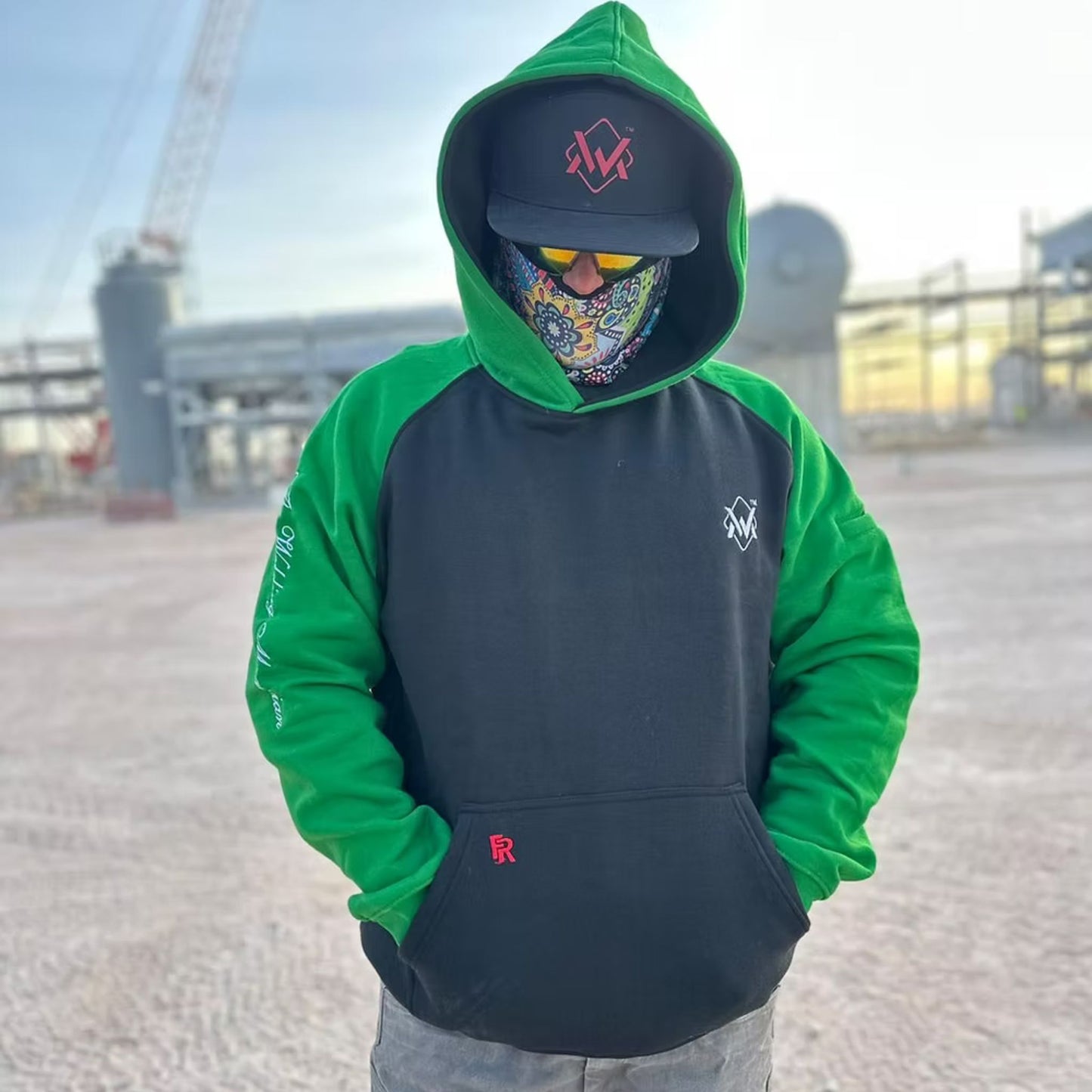 Welding Magician Premium Flame-Resistant Work Hoodie with Hard Hat-Ready Hood - Black/Green
