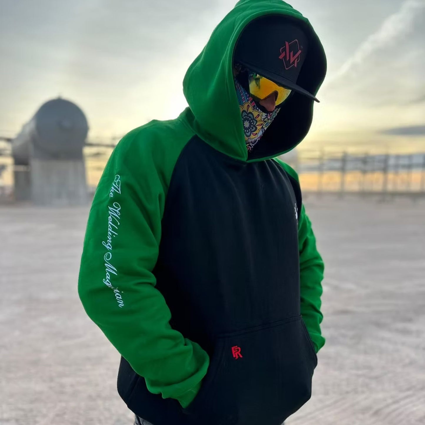 Welding Magician Premium Flame-Resistant Work Hoodie with Hard Hat-Ready Hood - Black/Green